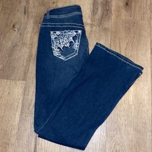2000s Flared Rhinestone Bedazzled Blingy Gem Floral Blue Denim Jeans